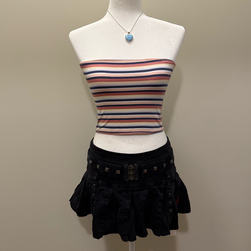 striped tube top, blue, pink orange, yellow and white